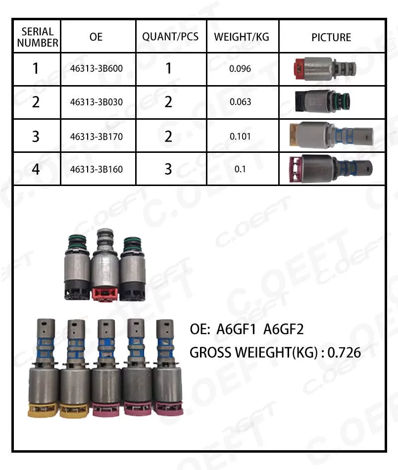 Para válvula solenóide de transmissão Hyundai Kia A6GF1 A6GF2 8 PÇS/SET